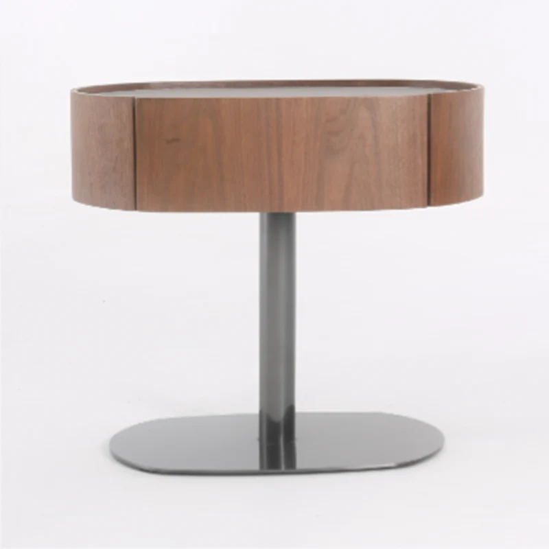 Traditional French Walnut Oval Bedside Table - Saddle-Style Faux Leather Surface 1 Drawer Nightstand For Bedroom