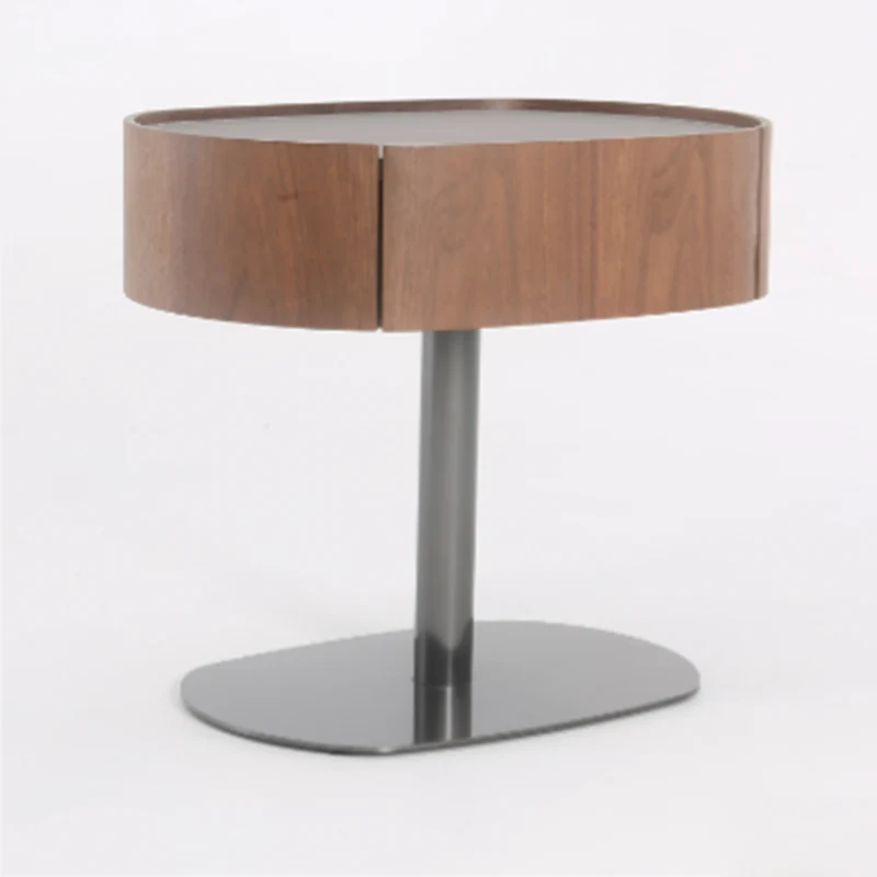 Traditional French Walnut Oval Bedside Table - Saddle-Style Faux Leather Surface 1 Drawer Nightstand For Bedroom