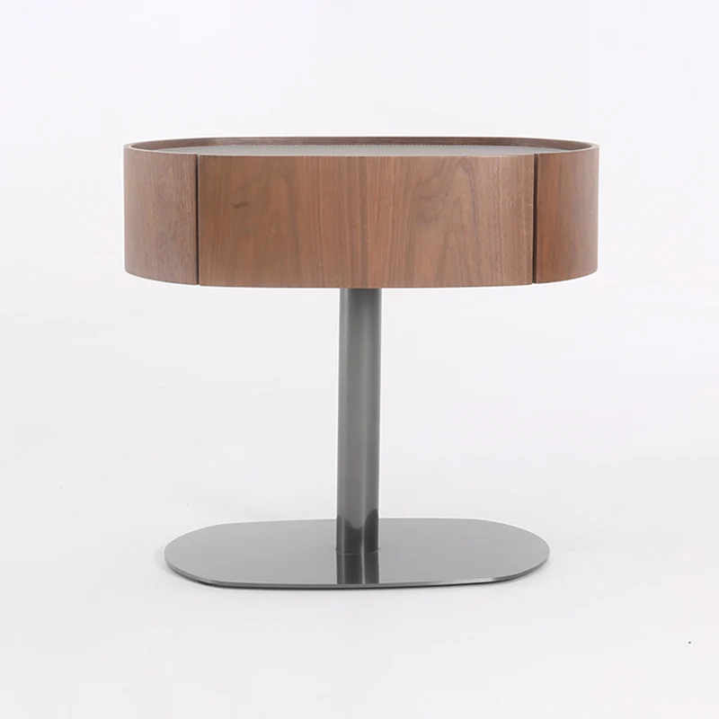 Traditional French Walnut Oval Bedside Table - Saddle-Style Faux Leather Surface 1 Drawer Nightstand For Bedroom