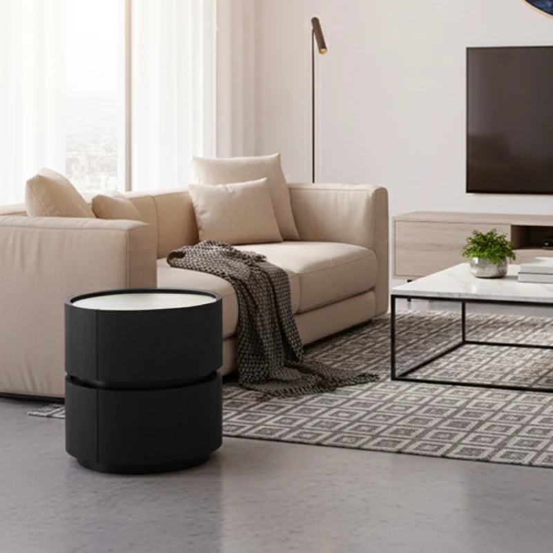 Contemporary Round Cylinder Bedside Table - Saddle-Style Faux Leather Top 2 Drawers Nightstand For Bedroom