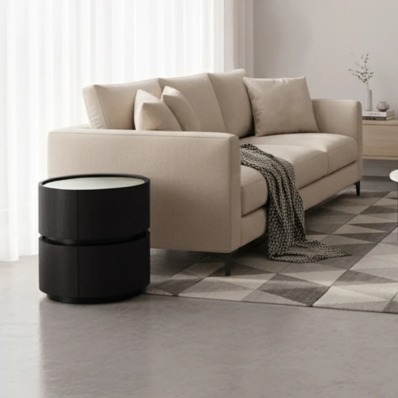 Contemporary Round Cylinder Bedside Table - Saddle-Style Faux Leather Top 2 Drawers Nightstand For Bedroom