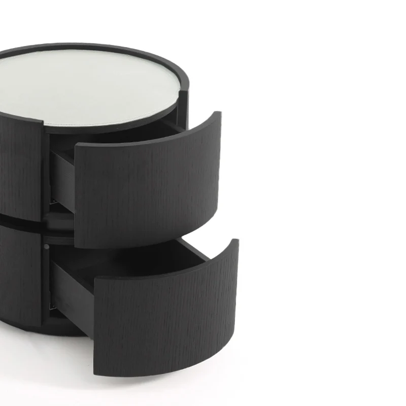 Contemporary Round Cylinder Bedside Table - Saddle-Style Faux Leather Top 2 Drawers Nightstand For Bedroom