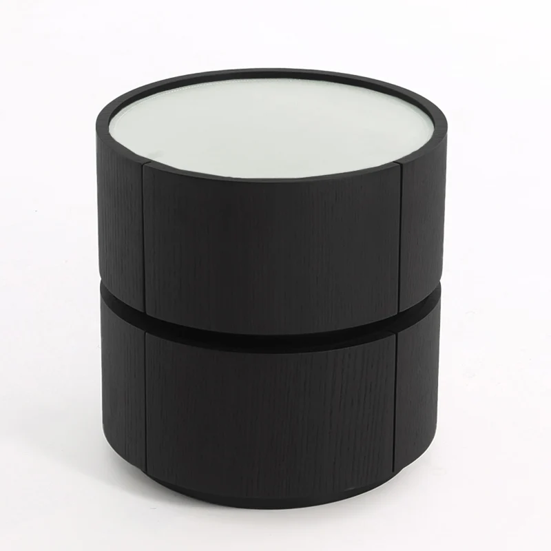 Contemporary Round Cylinder Bedside Table - Saddle-Style Faux Leather Top 2 Drawers Nightstand For Bedroom