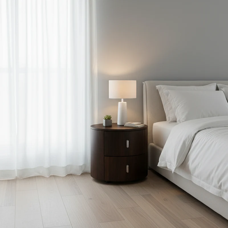 Eco-Friendly Vintage Nightstand - Soft-Edged Design Smoked Wood Veneer Bedside Table 2-Drawer For Bedroom & Living Room