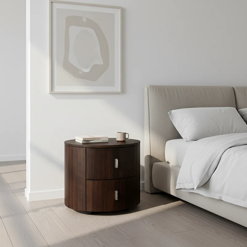 Eco-Friendly Vintage Nightstand - Soft-Edged Design Smoked Wood Veneer Bedside Table 2-Drawer For Bedroom & Living Room