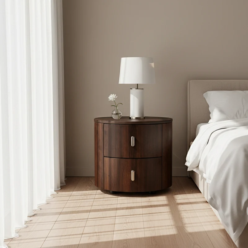 Eco-Friendly Vintage Nightstand - Soft-Edged Design Smoked Wood Veneer Bedside Table 2-Drawer For Bedroom & Living Room