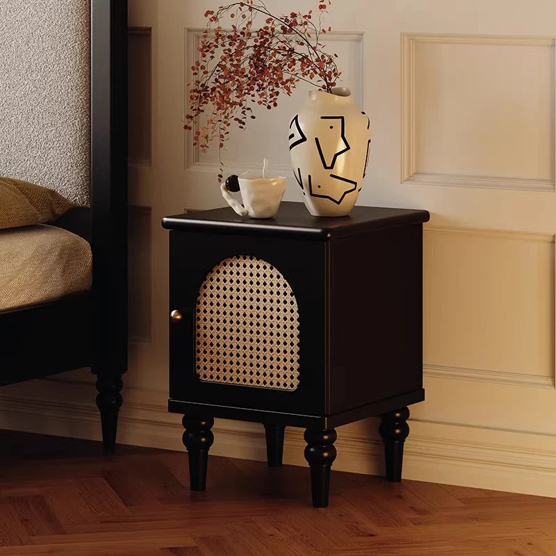 Traditional Vintage Square Eco-Friendly MDF Rubberwood Brass Rattan Weaving Nightstand 2-Drawer For Bedroom
