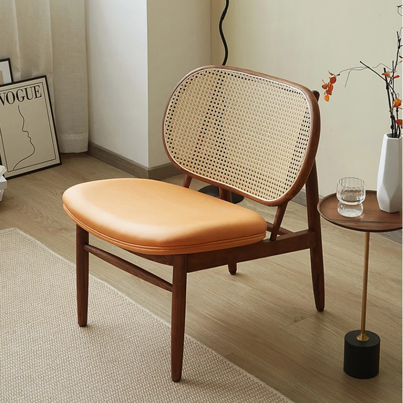 Traditional Rustic Arc Ash Wood Microfiber Leather Faux Rattan Weaving Accent Chair Backrest Armless For Living Room & Bedroom