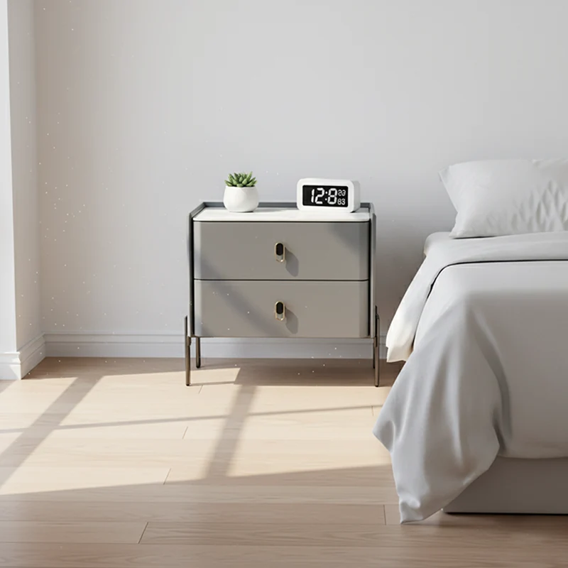 Eco-Friendly Scandinavian Nightstand - Rock Slab Tabletop & Corrosion-Resistant Legs Bedside Table 2-Drawer For Bedroom