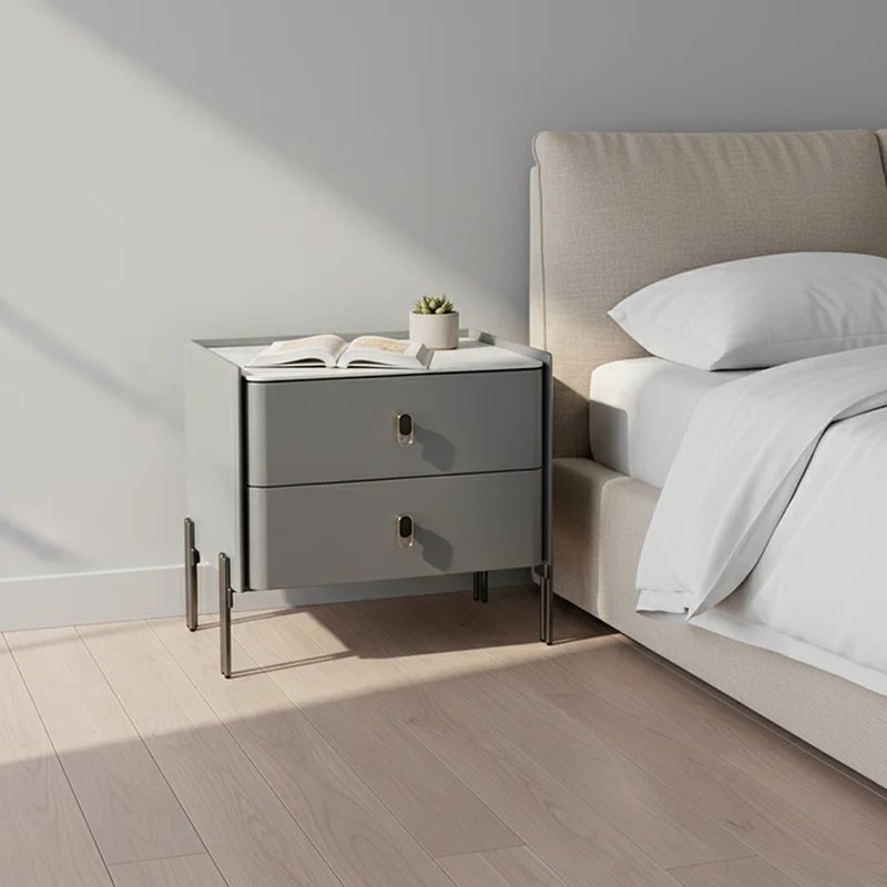 Eco-Friendly Scandinavian Nightstand - Rock Slab Tabletop & Corrosion-Resistant Legs Bedside Table 2-Drawer For Bedroom