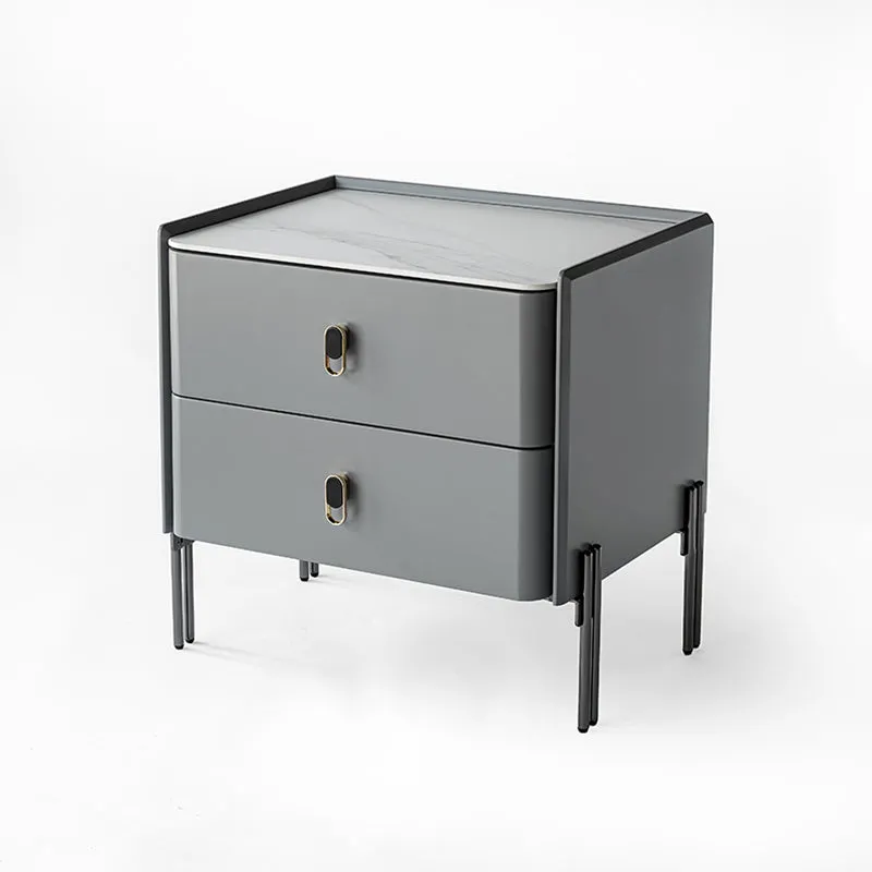 Eco-Friendly Scandinavian Nightstand - Rock Slab Tabletop & Corrosion-Resistant Legs Bedside Table 2-Drawer For Bedroom