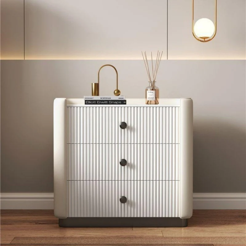 Contemporary Nordic Square Rectangular Stone Slab Faux Nappa Leather Particle Board Pine Wood Nightstand 3-Drawer For Bedroom