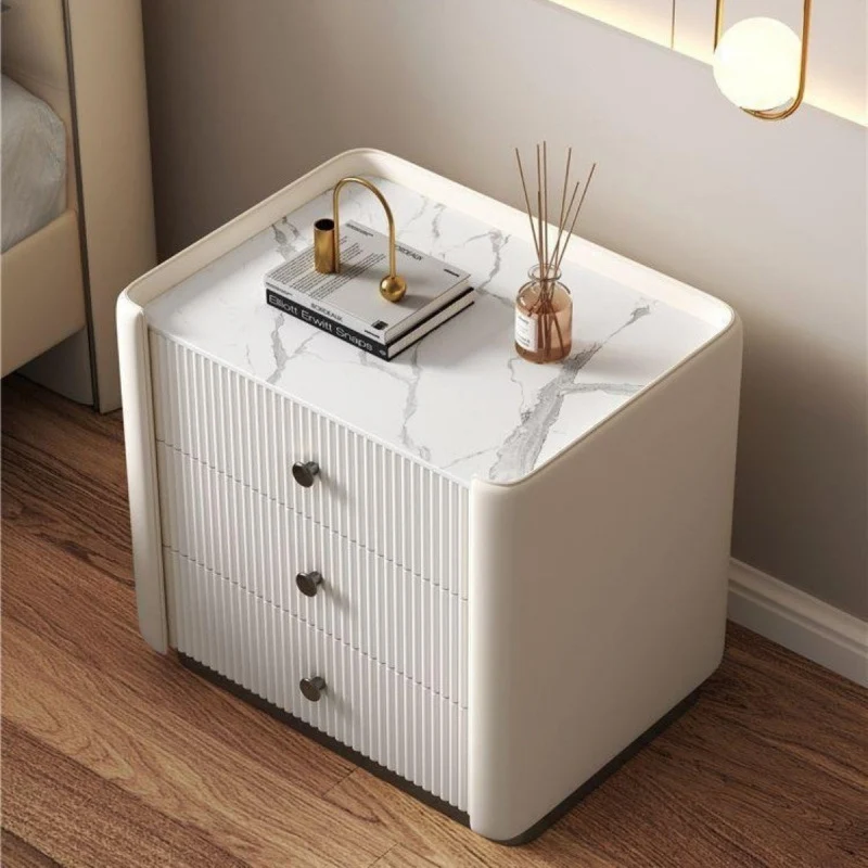 Contemporary Nordic Square Rectangular Stone Slab Faux Nappa Leather Particle Board Pine Wood Nightstand 3-Drawer For Bedroom