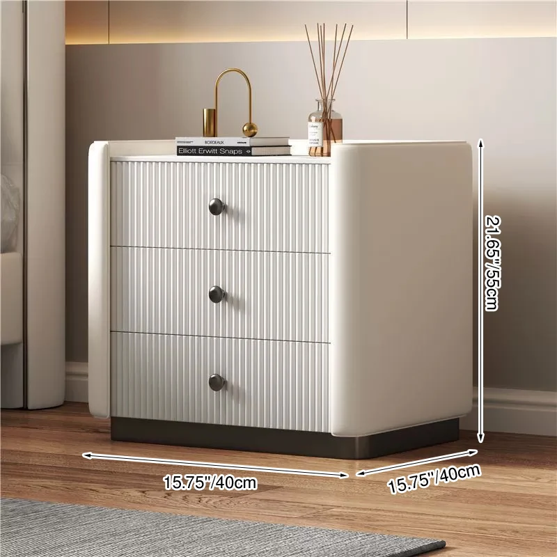 Contemporary Nordic Square Rectangular Stone Slab Faux Nappa Leather Particle Board Pine Wood Nightstand 3-Drawer For Bedroom
