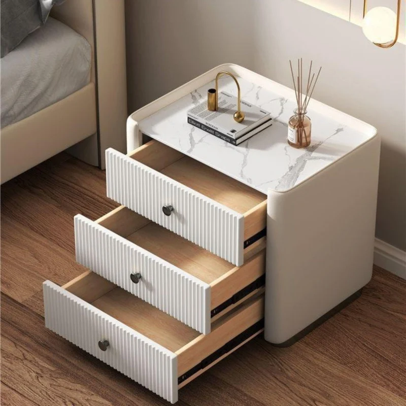 Contemporary Nordic Square Rectangular Stone Slab Faux Nappa Leather Particle Board Pine Wood Nightstand 3-Drawer For Bedroom