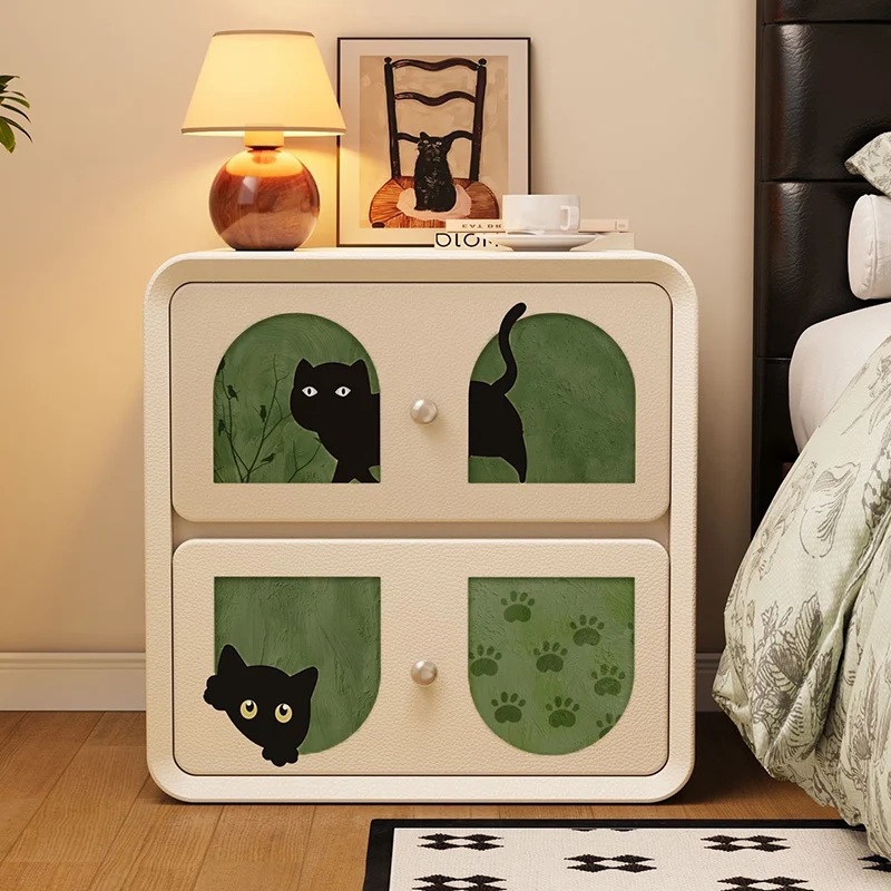 Modern Art Deco Cartoon Animals MDF Plywood Cat Scratching Leather Nightstand 2-Drawer For Bedroom