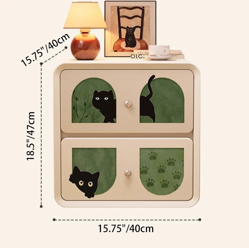 Modern Art Deco Cartoon Animals MDF Plywood Cat Scratching Leather Nightstand 2-Drawer For Bedroom