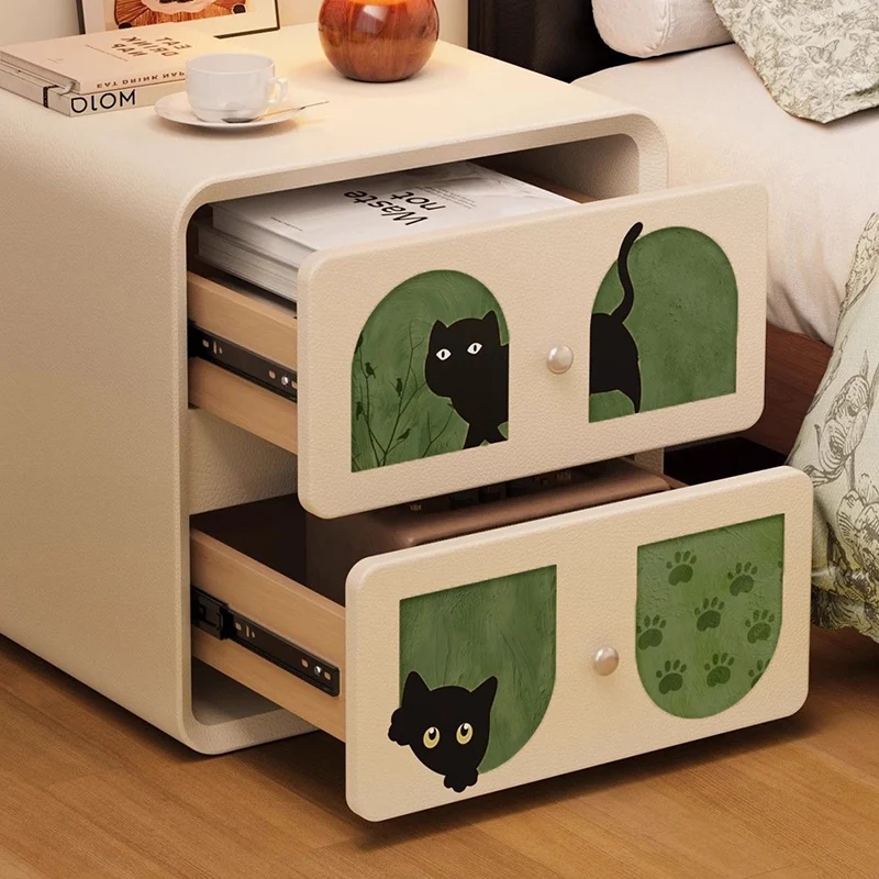 Modern Art Deco Cartoon Animals MDF Plywood Cat Scratching Leather Nightstand 2-Drawer For Bedroom