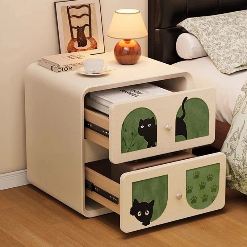 Modern Art Deco Cartoon Animals MDF Plywood Cat Scratching Leather Nightstand 2-Drawer For Bedroom