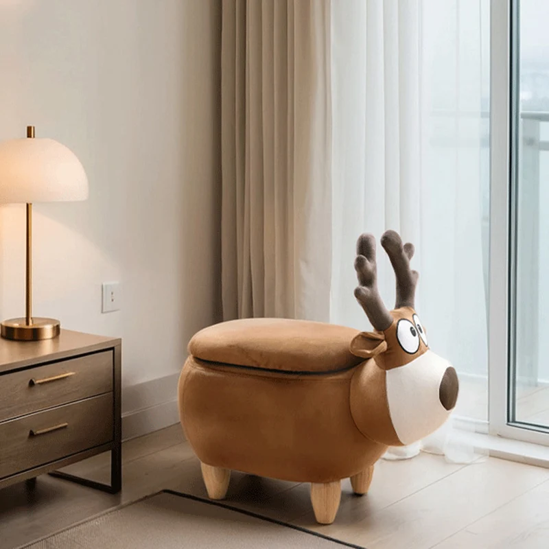 Modern Minimalist Reindeer Solid Wood Velvet Kids Stool 1-Storage For Living Room