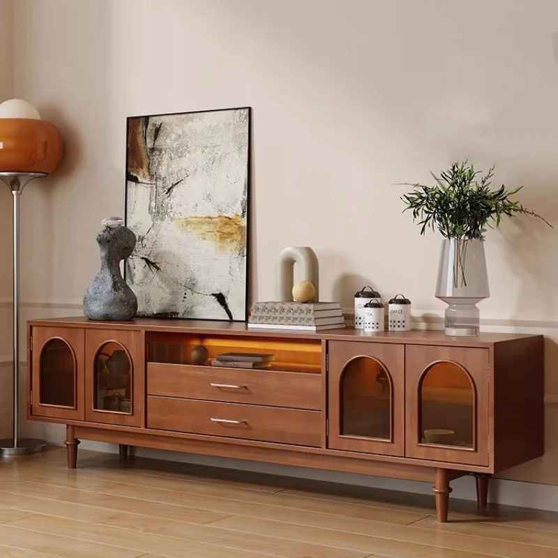 Modern Mid-Century Rectangular Arch Design Glass Aluminum Alloy Solid Wood TV Stand 2-Drawer For Living Room
