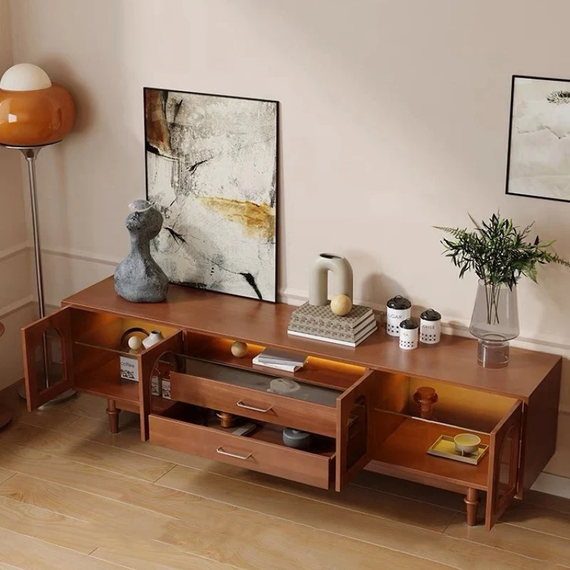 Modern Mid-Century Rectangular Arch Design Glass Aluminum Alloy Solid Wood TV Stand 2-Drawer For Living Room
