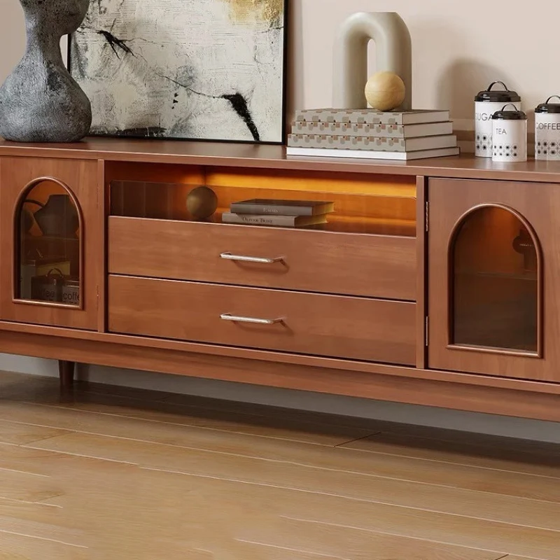 Modern Mid-Century Rectangular Arch Design Glass Aluminum Alloy Solid Wood TV Stand 2-Drawer For Living Room