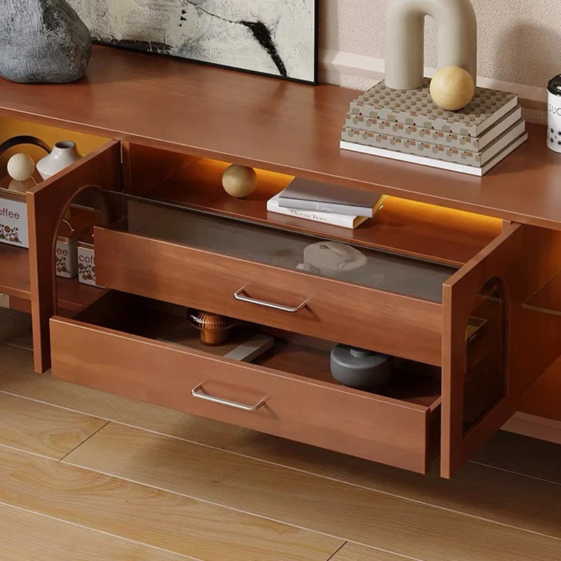 Modern Mid-Century Rectangular Arch Design Glass Aluminum Alloy Solid Wood TV Stand 2-Drawer For Living Room