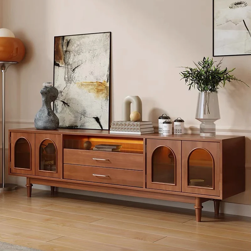 Modern Mid-Century Rectangular Arch Design Glass Aluminum Alloy Solid Wood TV Stand 2-Drawer For Living Room