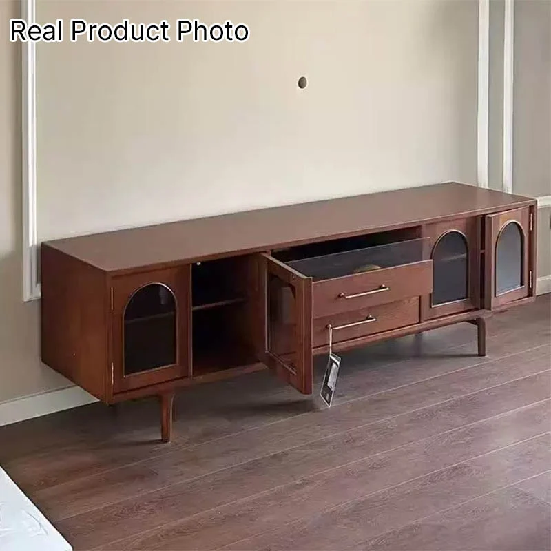 Modern Mid-Century Rectangular Arch Design Glass Aluminum Alloy Solid Wood TV Stand 2-Drawer For Living Room