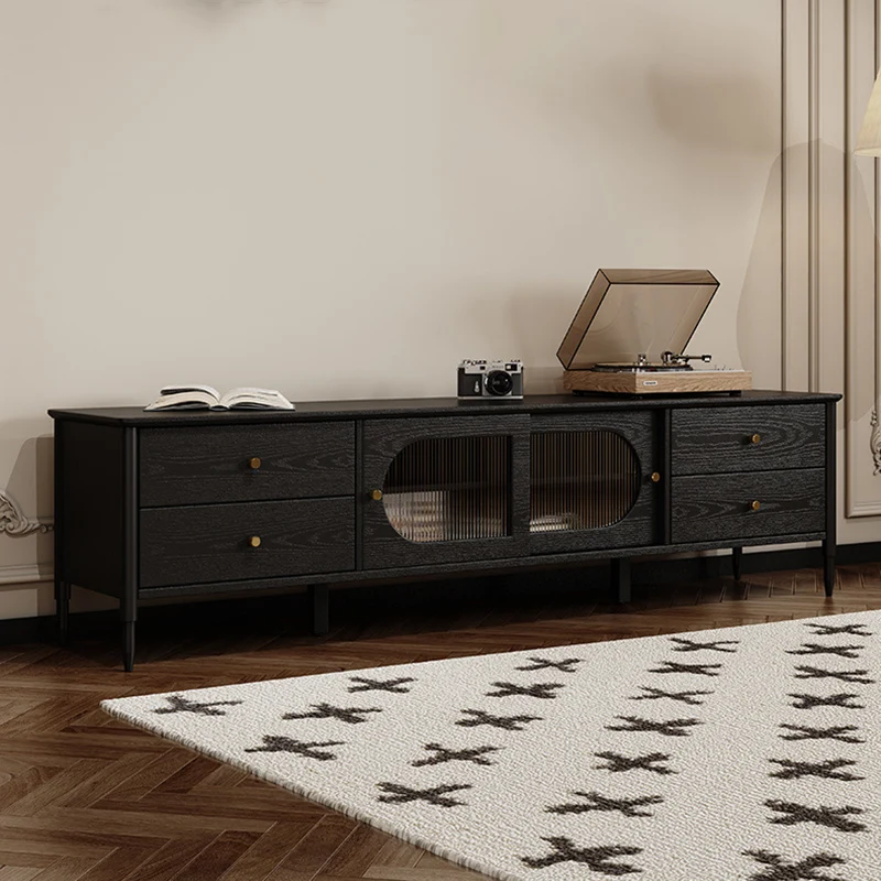 Contemporary Nordic Rectangular Solid Wood Long Rainbow Glass Brass TV Stand 4-Drawer For Living Room