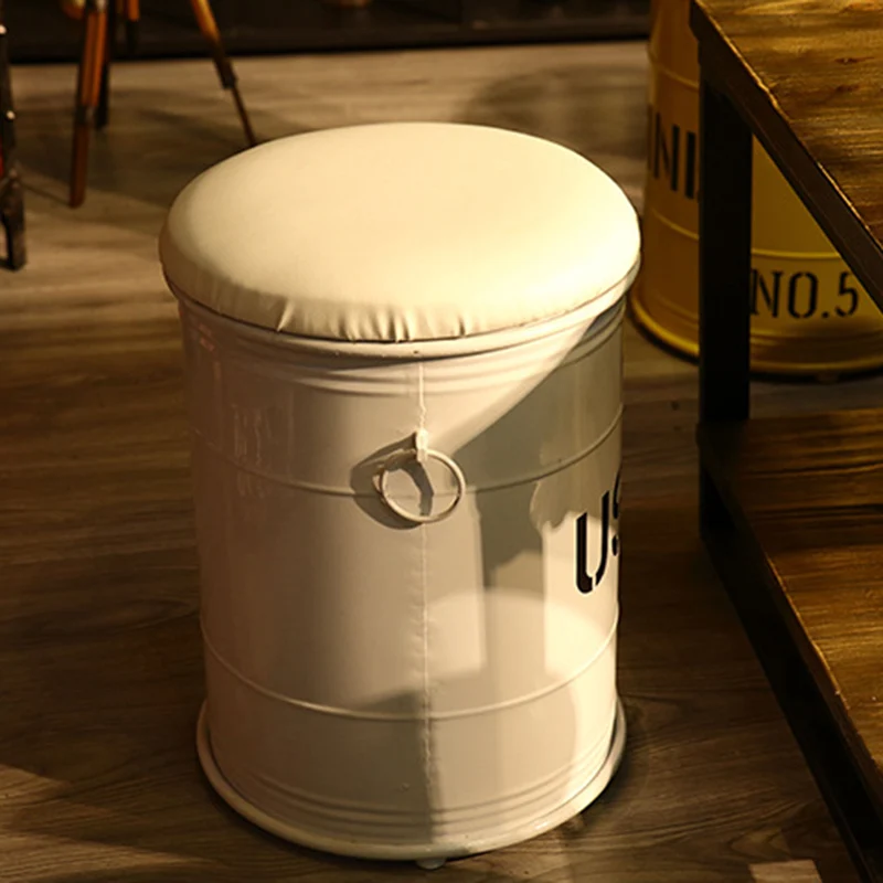 Contemporary Industrial Paint Can Design Iron PU Leather Stool For Living Room