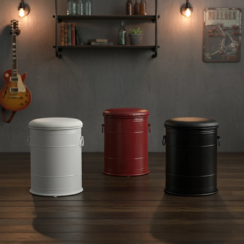 Contemporary Industrial Paint Can Design Iron PU Leather Stool For Living Room