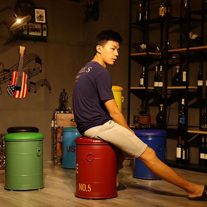 Contemporary Industrial Paint Can Design Iron PU Leather Stool For Living Room