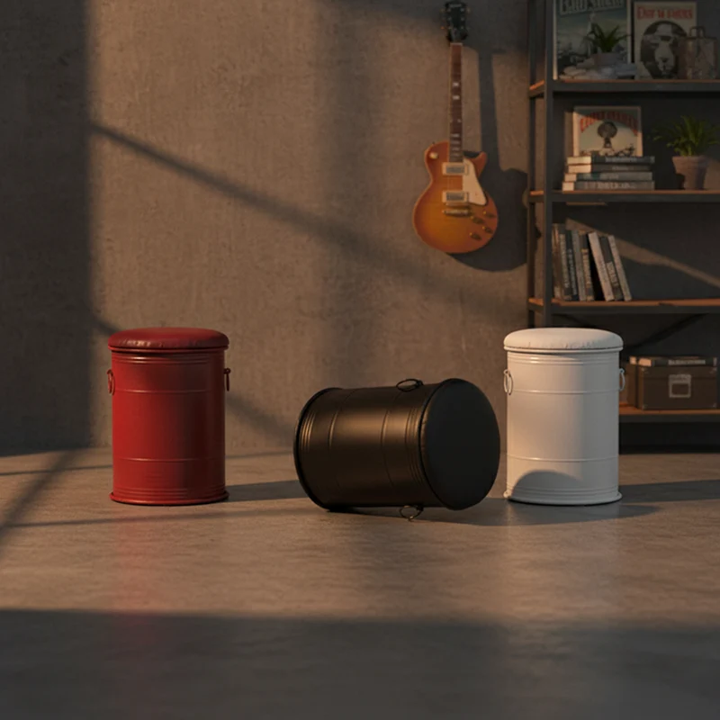 Contemporary Industrial Paint Can Design Iron PU Leather Stool For Living Room