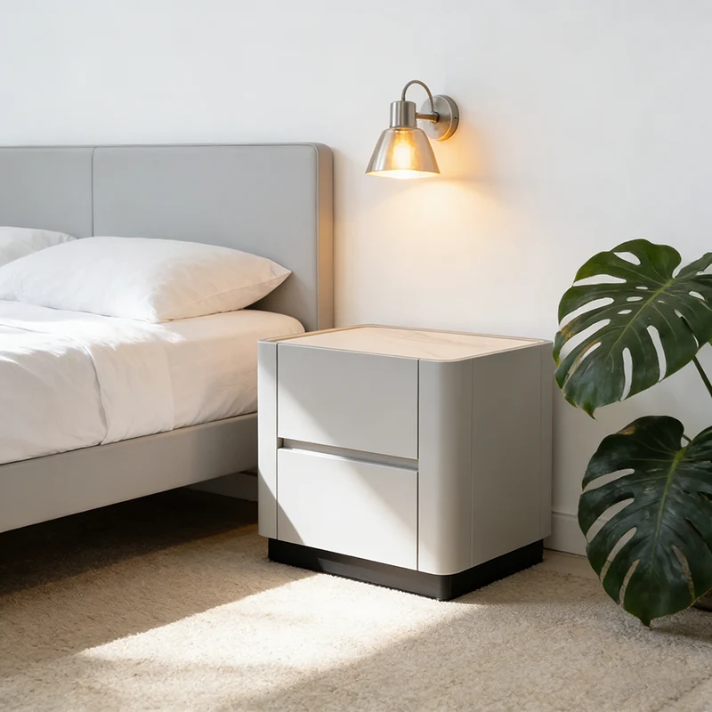 Traditional French Rounded Corners Bedside Table - Solid Wood Plywood 2 Drawers Nightstand For Bedroom