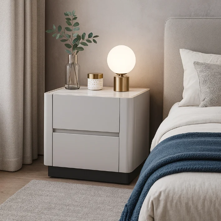 Traditional French Rounded Corners Bedside Table - Solid Wood Plywood 2 Drawers Nightstand For Bedroom