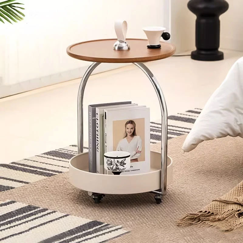 Modern Minimalist Metal Wood Round Curved Movable Side Table 2-Tier For Living Room