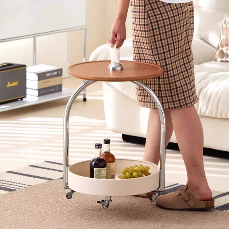 Modern Minimalist Metal Wood Round Curved Movable Side Table 2-Tier For Living Room