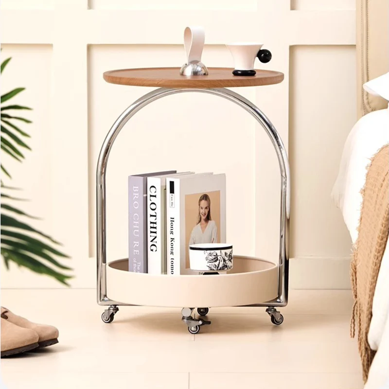 Modern Minimalist Metal Wood Round Curved Movable Side Table 2-Tier For Living Room