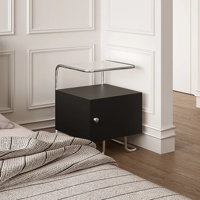 Modern Minimalist Acrylic Stainless Steel Solid Wood Curved Square Nightstand With 1-Cabinet For Bedroom