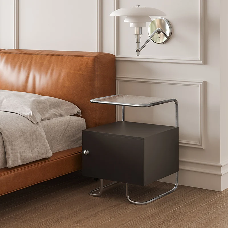 Modern Minimalist Acrylic Stainless Steel Solid Wood Curved Square Nightstand With 1-Cabinet For Bedroom