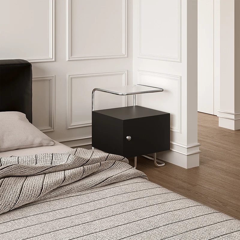 Modern Minimalist Acrylic Stainless Steel Solid Wood Curved Square Nightstand With 1-Cabinet For Bedroom