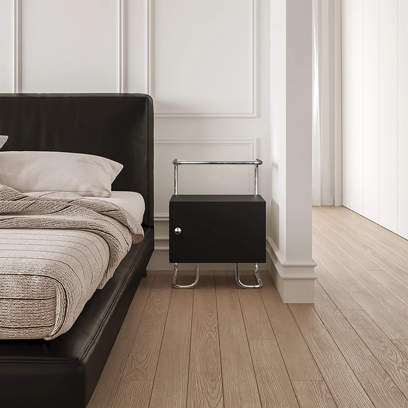 Modern Minimalist Acrylic Stainless Steel Solid Wood Curved Square Nightstand With 1-Cabinet For Bedroom