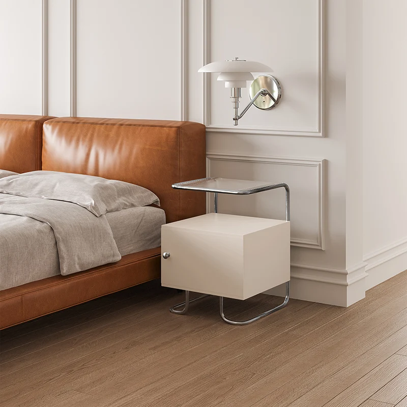 Modern Minimalist Acrylic Stainless Steel Solid Wood Curved Square Nightstand With 1-Cabinet For Bedroom