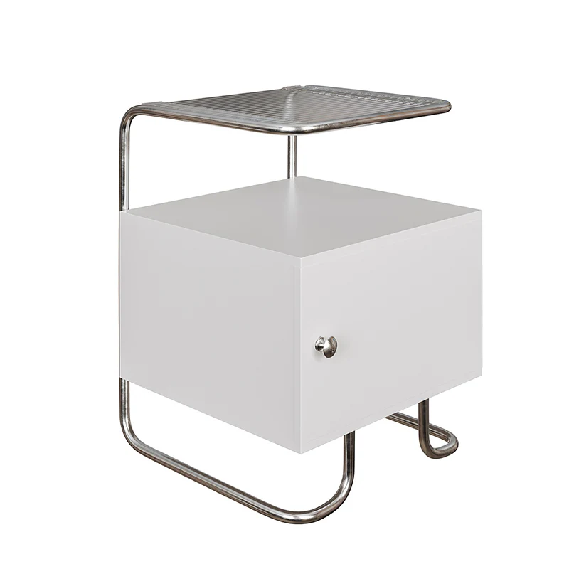 Modern Minimalist Acrylic Stainless Steel Solid Wood Curved Square Nightstand With 1-Cabinet For Bedroom