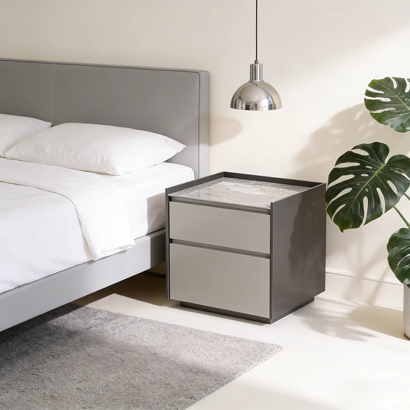Contemporary Scandinavian Sintered Stone Bedside Table - Silent Soft-Close 2 Drawers Nightstand For Bedroom