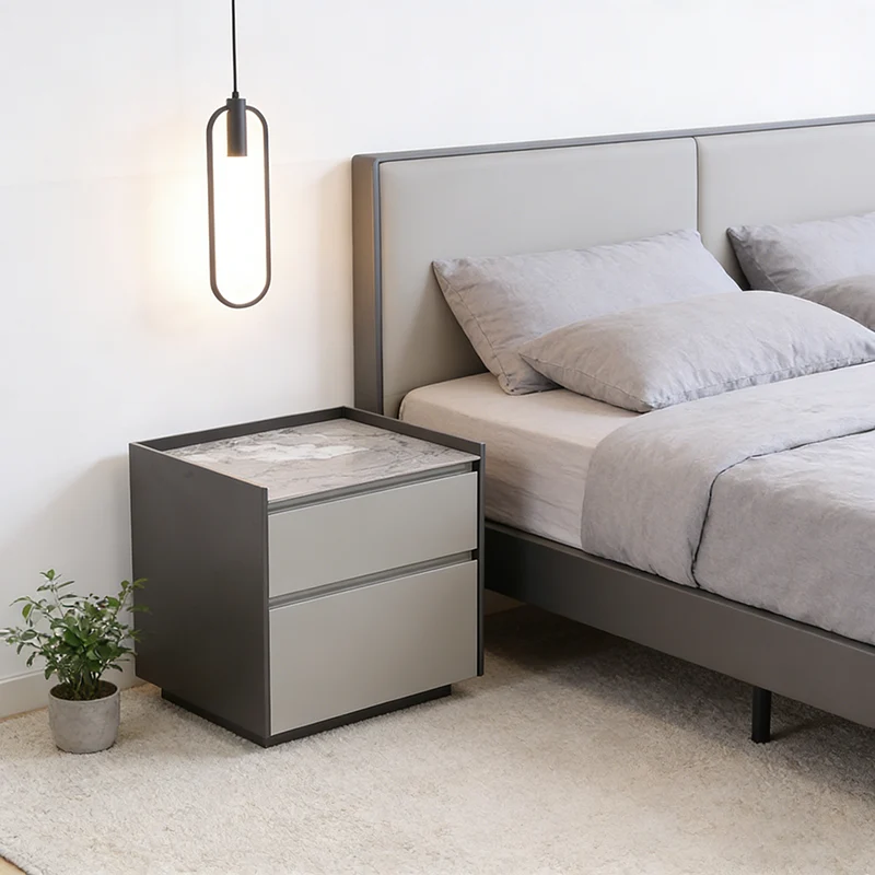 Contemporary Scandinavian Sintered Stone Bedside Table - Silent Soft-Close 2 Drawers Nightstand For Bedroom
