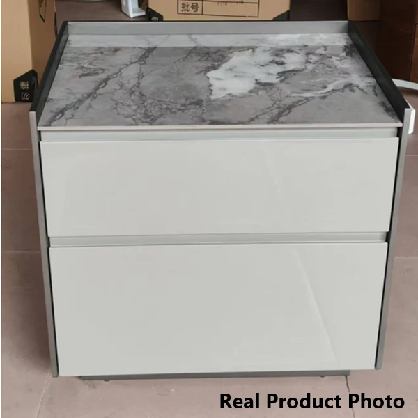 Contemporary Scandinavian Sintered Stone Bedside Table - Silent Soft-Close 2 Drawers Nightstand For Bedroom