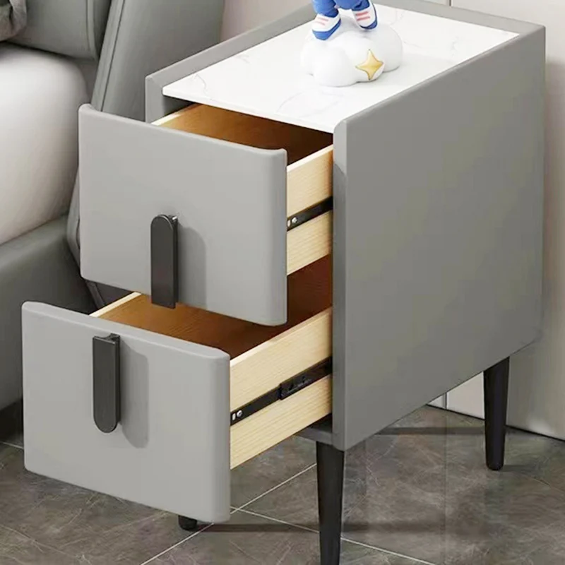Modern Luxury Rectangular Solid Wood Plywood Pinewood Stone Slab Faux Leather Nightstand 2-Drawer For Bedroom